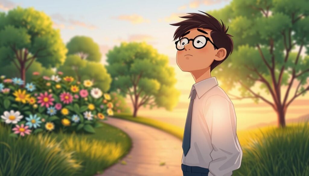 A serene, abstract representation of emotional growth, featuring a young adult in professional attire standing on a path that winds through a lush, green landscape, symbolizing personal development. In the foreground, the individual gazes upward, their face reflecting contemplation and hope. The middle ground showcases a variety of vibrant flowers and trees, each representing different emotions, blooming in colors like soft blue, bright yellow, and calming green. The background reveals a soft sunset sky, blending warm oranges and cool purples, enhancing the uplifting mood of the scene. Use soft, diffuse lighting to create a tranquil atmosphere, focusing on a slight vignette effect to draw attention to the figure. Capture this moment from a slightly low angle, emphasizing the journey toward growth. nextself.ai A serene, abstract representation of emotional growth, featuring a young adult in professional attire standing on a path that winds through a lush, green landscape, symbolizing personal development. In the foreground, the individual gazes upward, their face reflecting contemplation and hope. The middle ground showcases a variety of vibrant flowers and trees, each representing different emotions, blooming in colors like soft blue, bright yellow, and calming green. The background reveals a soft sunset sky, blending warm oranges and cool purples, enhancing the uplifting mood of the scene. Use soft, diffuse lighting to create a tranquil atmosphere, focusing on a slight vignette effect to draw attention to the figure. Capture this moment from a slightly low angle, emphasizing the journey toward growth. nextself.ai